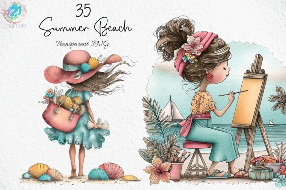 Whimsical Summer Beach Girl Clipart - Download Now