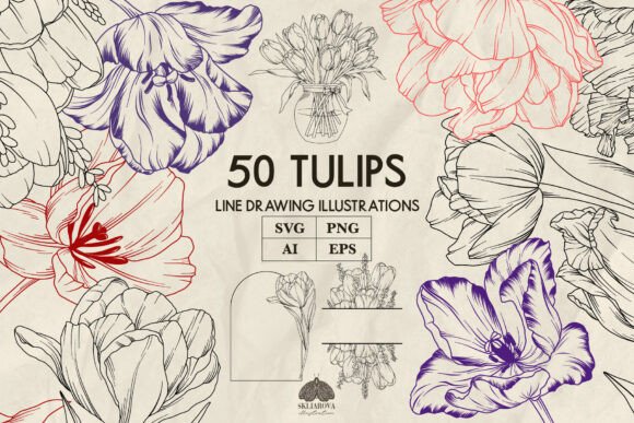 Tulip Flowers Line Art Svg Png