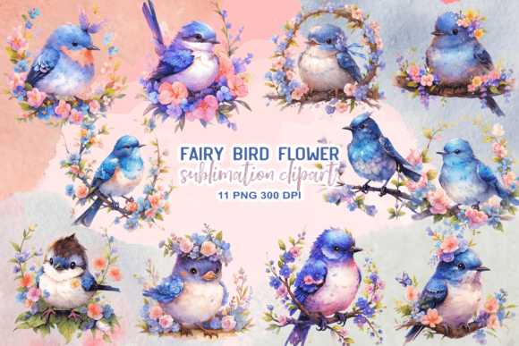 Fairy Bird Flower Watercolor Clipart