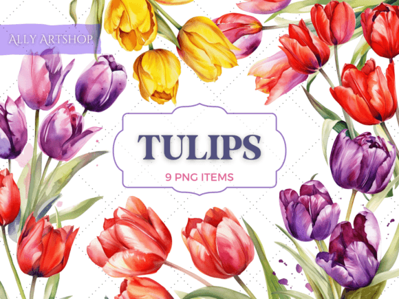 Watercolor Tulip Flowers Clipart Set