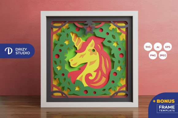 Christmas Unicorn 3D Shadow Box SVG
