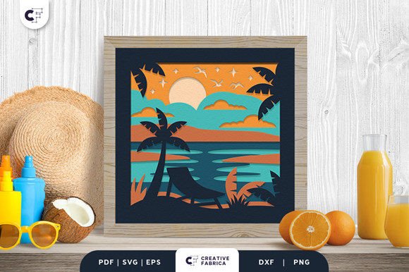 Beach Sunset 3D Shadow Box Paper Cut