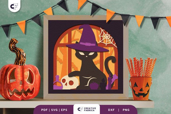 Halloween Witch Cat 3D Shadow Box