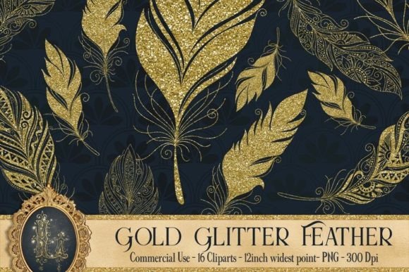 Gold Glitter Feather Overlay Clip Art