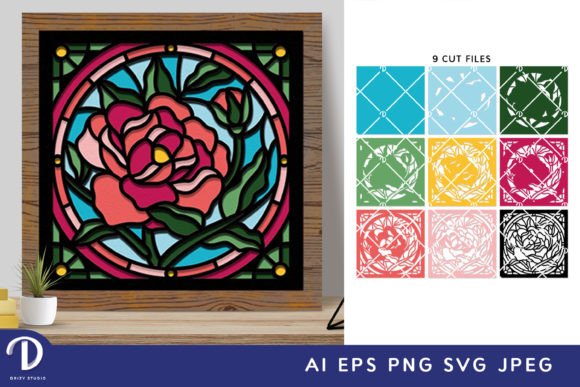 Stained Glass Peonies 3D Shadow Box SVG