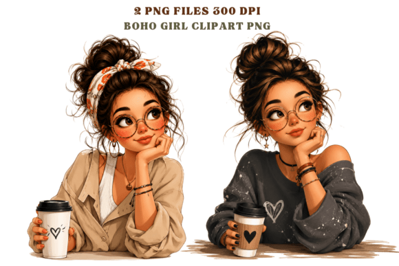 Boho Girl Clipart PNG , Coffee Girl Png