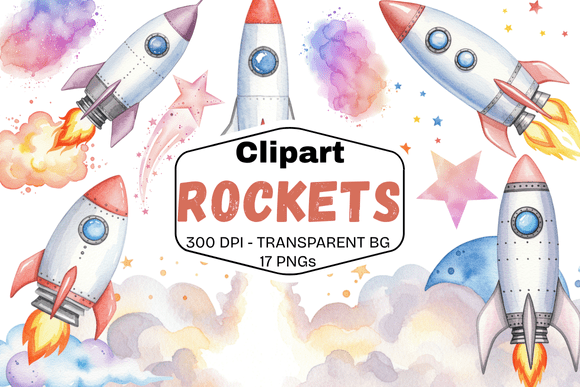 Watercolor Space Rocket Clipart Set