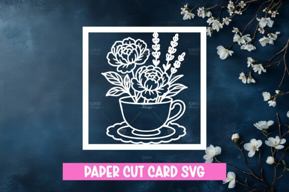 Tea Cup with Flowers Paper Cut Card SVG