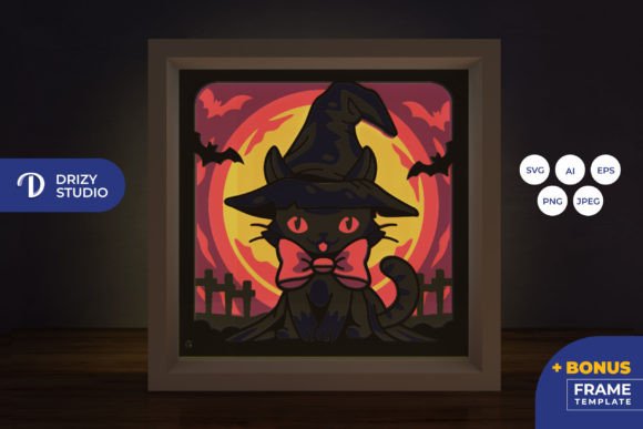 Black Cat Witch with Pink Bow 3D Layered
