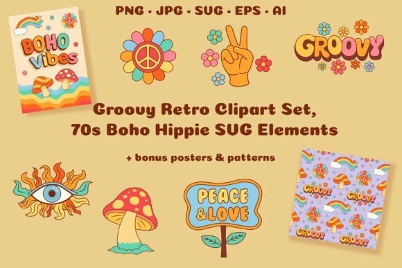 Groovy Retro Clipart Set, 70s Boho