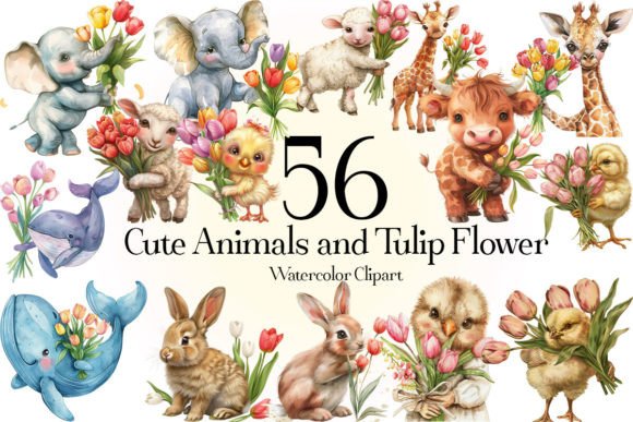 Cute Animals and Tulip Flower Bundle - Download Now