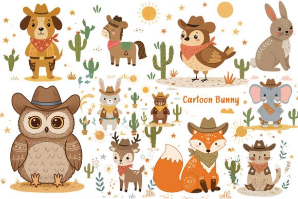 Western Cartoon Bunny, Fox, Owl &amp; Desert