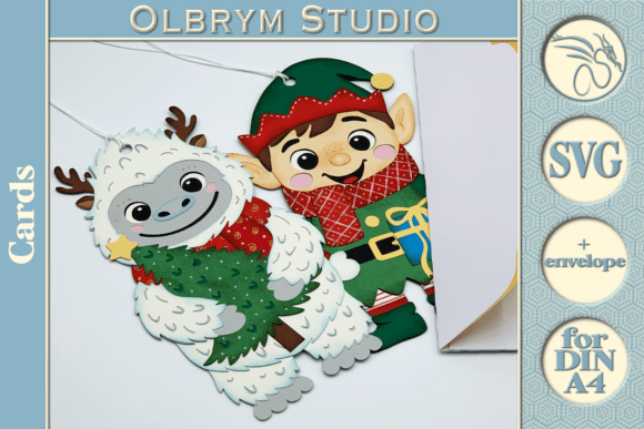Elf &amp; Yeti Christmas Kawaii Card SVG