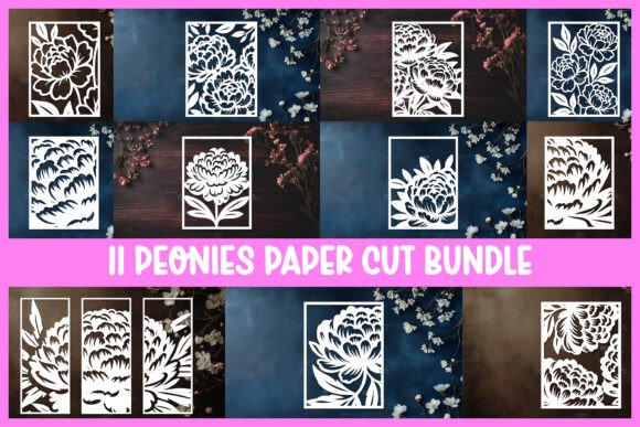 11 Peony Flowers Paper Cut Card Template