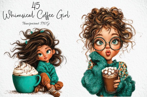 Whimsical Coffee Girl Clipart PNG